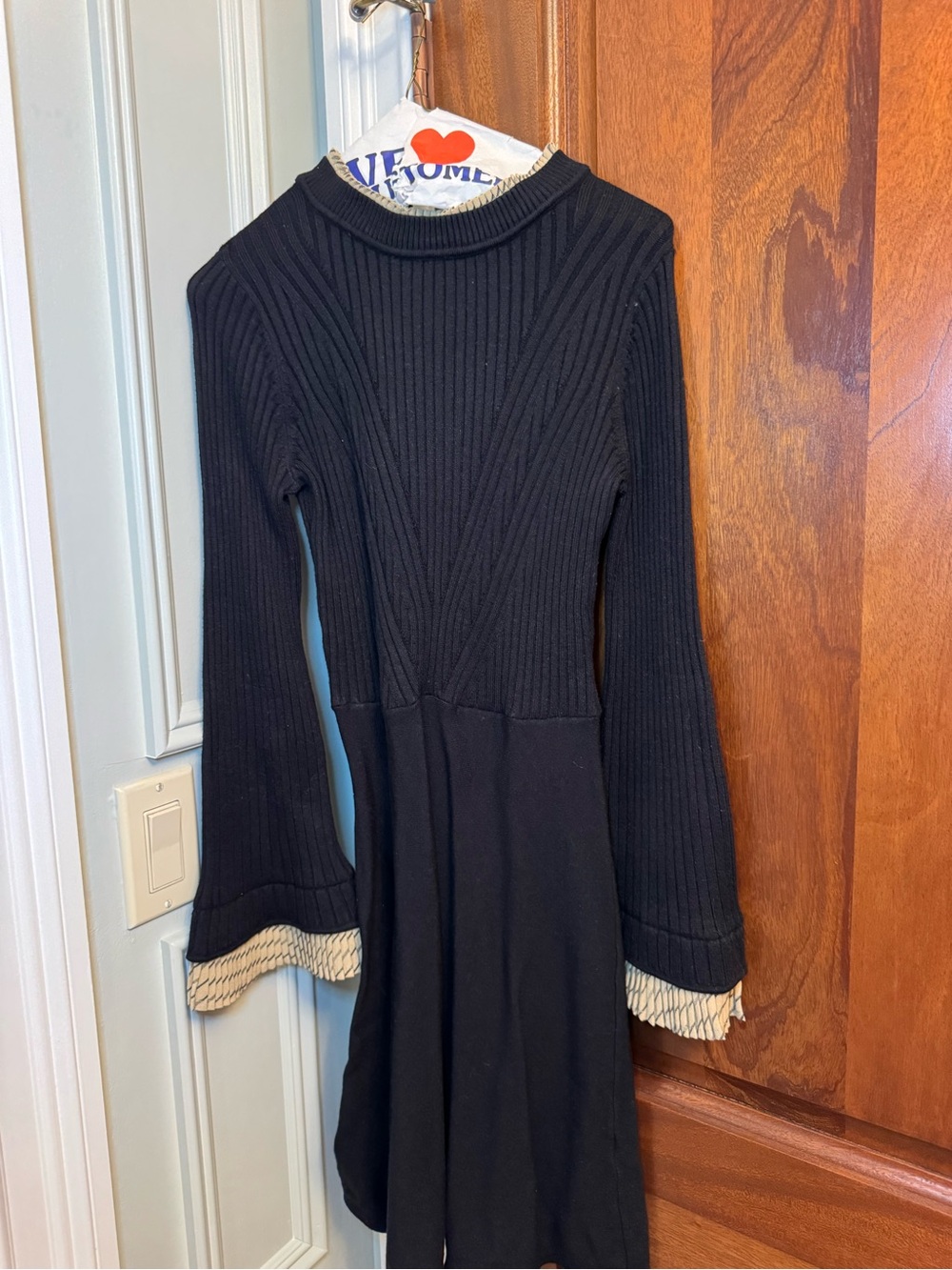 THML Black Knit dress with Cream Trim bell sleeve XS